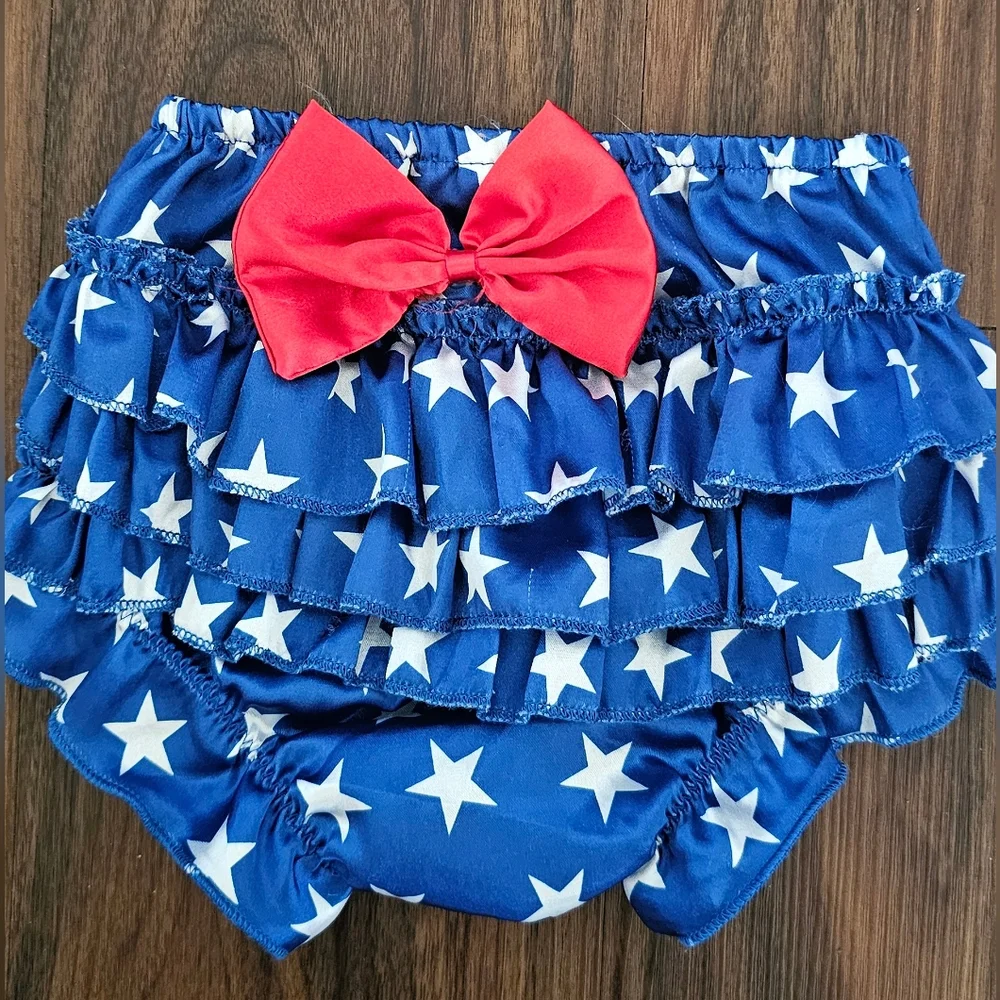 Blue Star Ruffle Bloomers with Red Bow